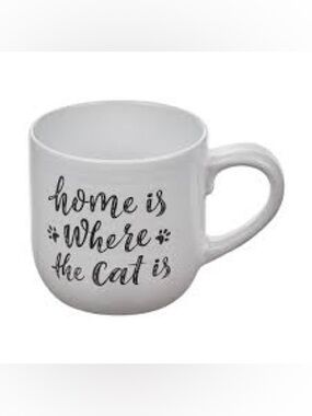 White Ceramic Mug with 'Home Is Where The Cat Is' Script